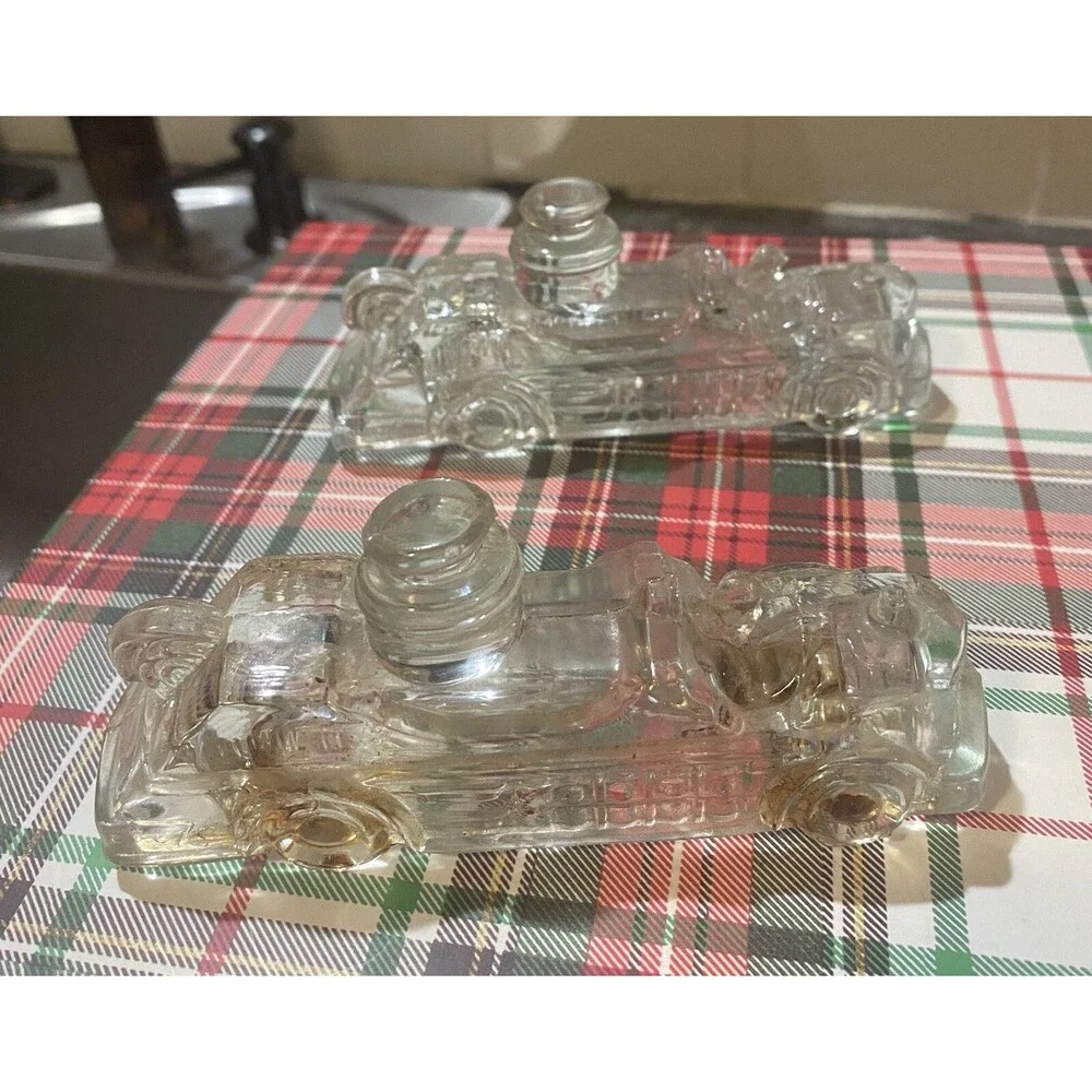 2 Antique Glass Fire Engine Candy Containers